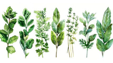 Fototapeta premium Hand drawn watercolor fresh greens assortment on white background
