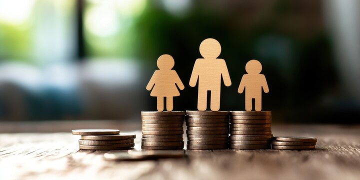 This image showcases wooden figures symbolizing different family members standing atop stacks of coins, highlighting the importance of financial stability and family dynamics in economic success.