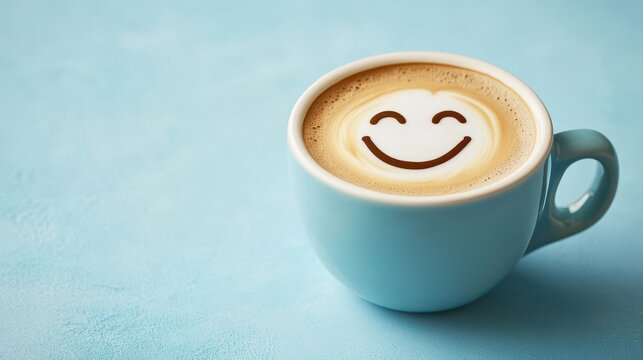 Smiling Face Latte Art in Blue Coffee Cup on Light Blue Background - Cheerful Morning Beverage Concept