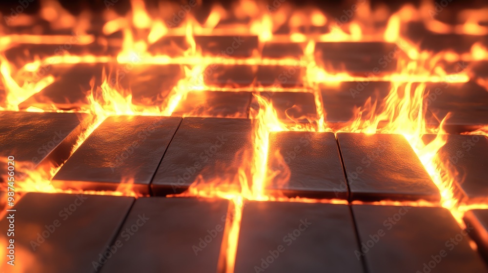 Poster a 3d fire grid, with each square burning with bright flames in an abstract pattern.