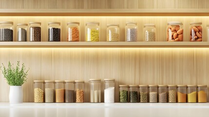 Spice jars on wooden shelf with herbs