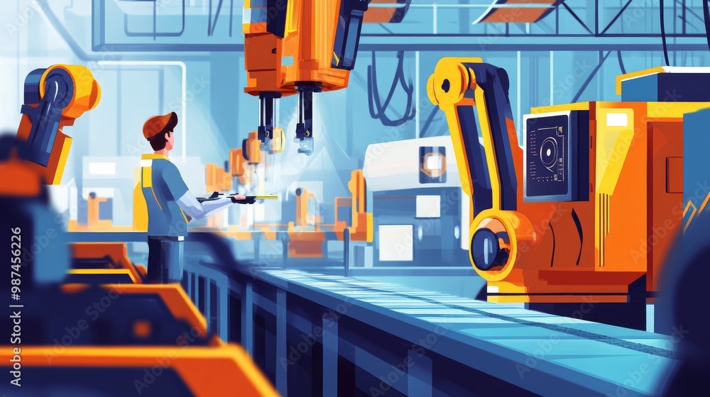 Poster worker overseeing a high-tech automated line, side view, with a focus on precision engineering and m