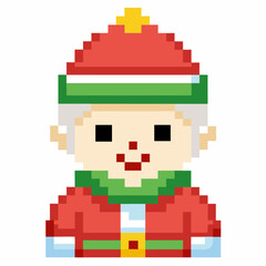 Pixel Art Elf in Festive Red Outfit with Green Accessories and Star topped Hat