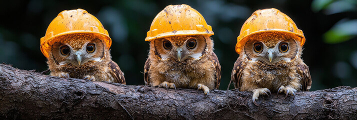 Three owls wearing construction hats perched on a branch.