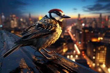 A charming photo of a Sparrow with a bright tail, dancing flamenco on a rooftop, stunning the cityscape and onlookers with its bold and colorful movements, as the moon rises and the lights twinkle 