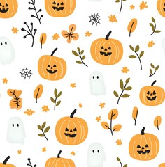 Halloween-themed pumpkins and ghosts seamless pattern on a white background
