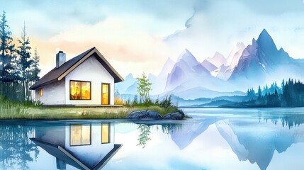 Fototapeta premium Serene Lakeside House with Mountain Reflection
