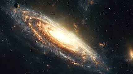 Fototapeta premium A 3D galaxy arm, with glowing stars, planets, and gas clouds spiraling outwards into space.