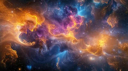 A 3D galaxy cluster with vibrant, glowing clouds of gas and stars forming intricate patterns.