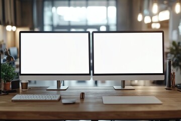 Fototapeta premium Modern Workspace with Two Blank Computer Screens