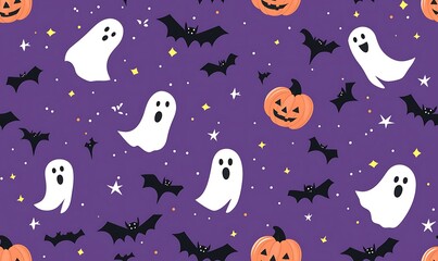 Halloween-themed seamless pattern featuring bats, pumpkins, and ghosts