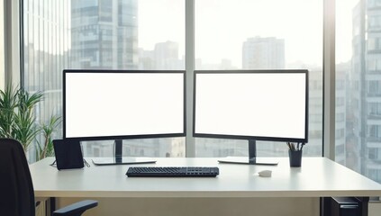 Fototapeta premium Modern Office Workspace with Dual Monitors