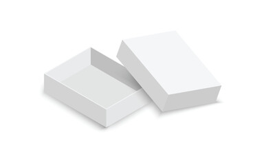 3D realistic blank paper box, top view of empty open box isolated on white background.