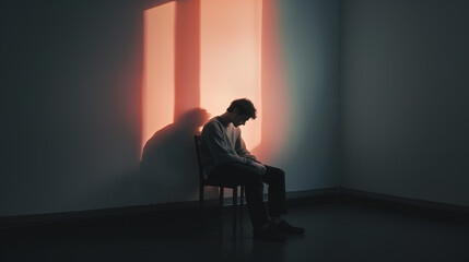 A man in a gray sweater is sitting on a chair, lost in thought, against the background of a wall illuminated by warm pink light, giving the picture a melancholic mood.