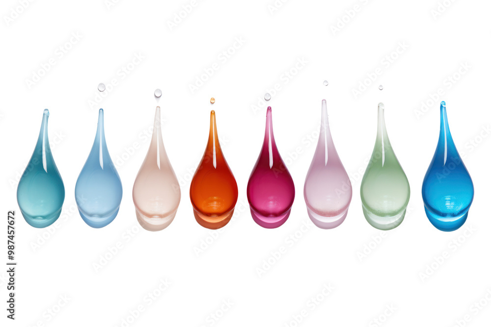 Poster drops of colorful moisturizer arranged in a line on a white background