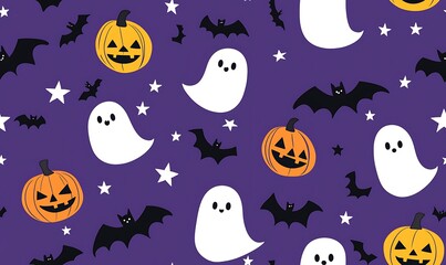 Halloween-themed seamless pattern featuring bats, pumpkins, and ghosts