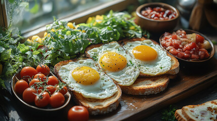 Sunny Side Up Eggs on Toast with Tomato Salsa and Fresh Greens