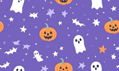 Halloween-themed seamless pattern featuring bats, pumpkins, and ghosts