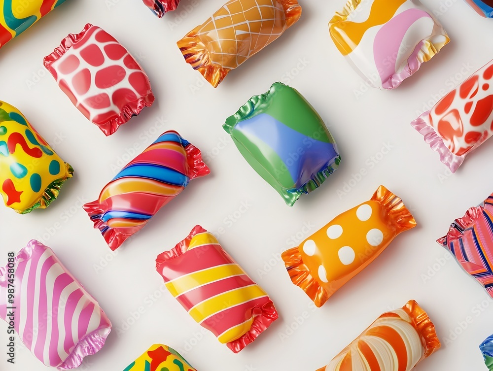 Poster visually striking 3d rendered of assorted colorful candy wrappers with vibrant patterns and textures