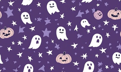 Halloween-themed seamless pattern featuring bats, pumpkins, and ghosts
