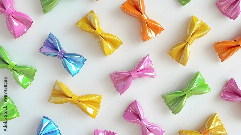 Poster vivid and colorful 3d rendered candy wrappers in flat design on a clean white backdrop overhead stud