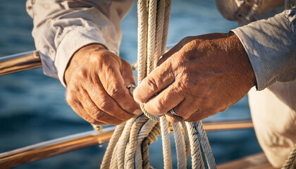 Sailor&rsquo;s Hands Working with Ropes and Knots