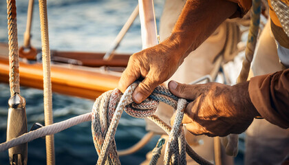 Sailor&rsquo;s Hands Working with Ropes and Knots