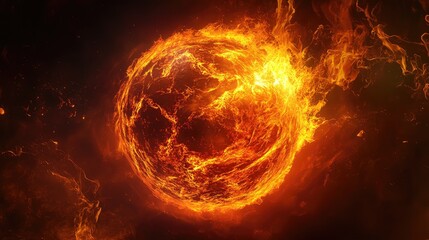 A 3D sphere made of molten fire, glowing with intense heat and radiating waves of light.