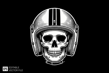 skull head wearing helmet dark art style vector design black and white illustration