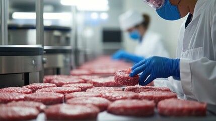 Meat Production Line: Workers in Protective Gear Inspecting Raw Hamburger Patties During Food Manufacturing Process.