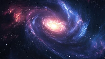 A 3D spiral galaxy with glowing stars and nebulae swirling around a bright, glowing center.