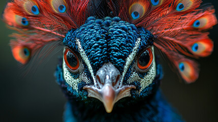 Obraz premium Close-up of a peacock's face with bright blue and red feathers.