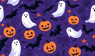 Halloween-themed seamless pattern featuring bats, pumpkins, and ghosts