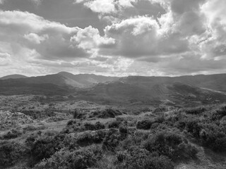 Green hills under blue summer sky landscape in Ireland, black and white monochrome grayscale photo