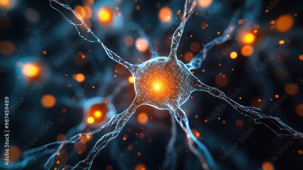 Poster microscopic view of a neuron with intricate connections and glowing lights.