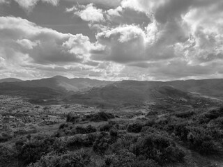 Green hills and mountains in Ireland, summer landscape, black and white monochrome grayscale photo