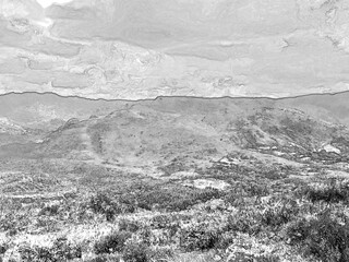 Green hills and mountains in Ireland, summer landscape, pencil drawn sketch illustration