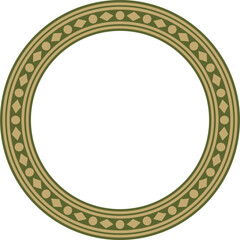 Vector round gold with green ancient Russian ornament. Slavic border, frame. Circle, ring. Painting of the royal chambers