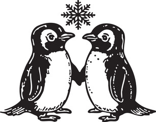 two penguins couple with snowflake