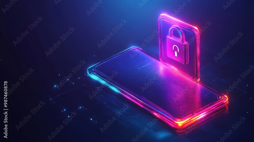 Poster cybersecurity and digital privacy: a glowing lock icon hovers over a smartphone representing data se