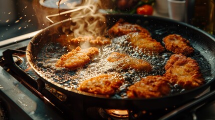 A tempting image of crispy schnitzel frying to perfection in a warm and inviting kitchen setting