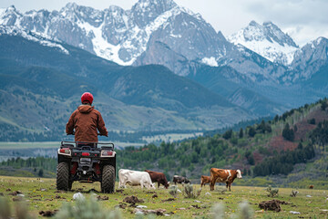 Obraz premium Farmer riding quad bike checking cattle herd in mountain valley