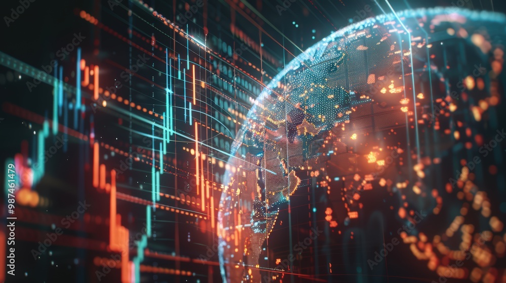 Poster digital world globe with glowing data and global financial graphs on a dark background, symbolizing 