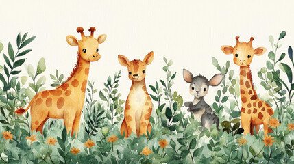 Cute watercolor illustration of giraffes, a bunny, and a deer in a jungle setting.