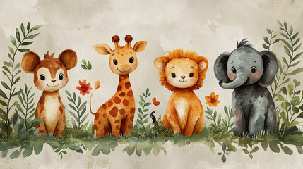 Fototapeta premium Cute cartoon animals in a watercolor style.