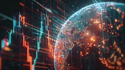 Digital world globe with glowing data and global financial graphs on a dark background, symbolizing online business