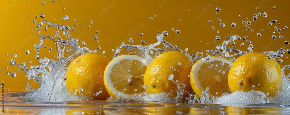 Poster fresh lemons splashing into water creating refreshing droplets