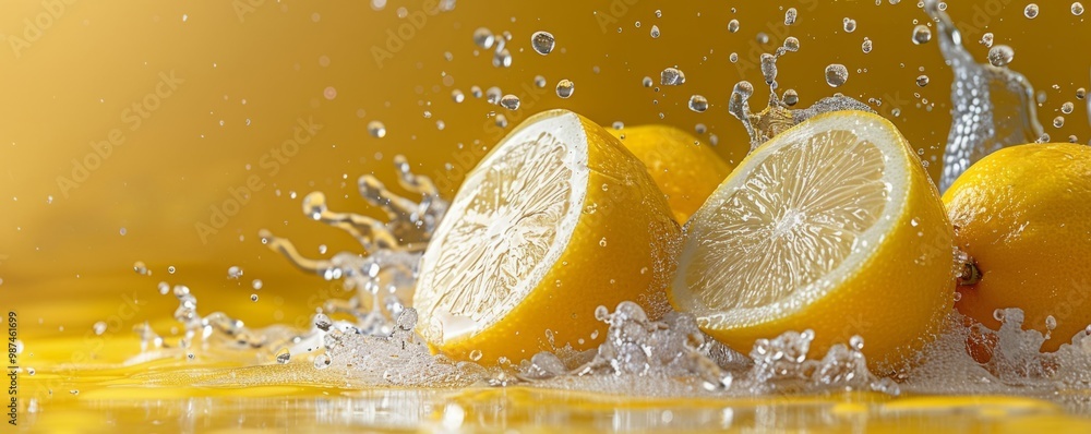 Poster fresh lemons splashing into water creating refreshing droplets