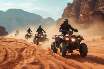 Group of tourists riding atv during sunset in the desert