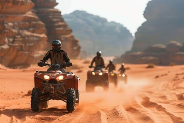 Group of tourists riding atv during sunset in the desert